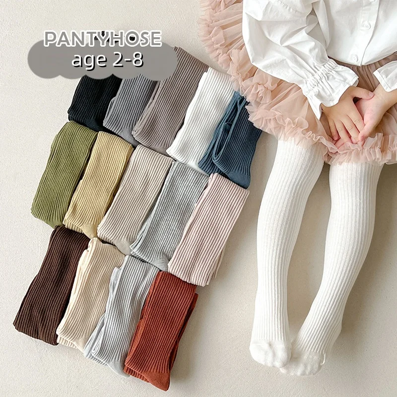Girls' Base Leggings New Winter Autumn Style Tights Plain Color With Vertical Stripes Girls' Pantyhose