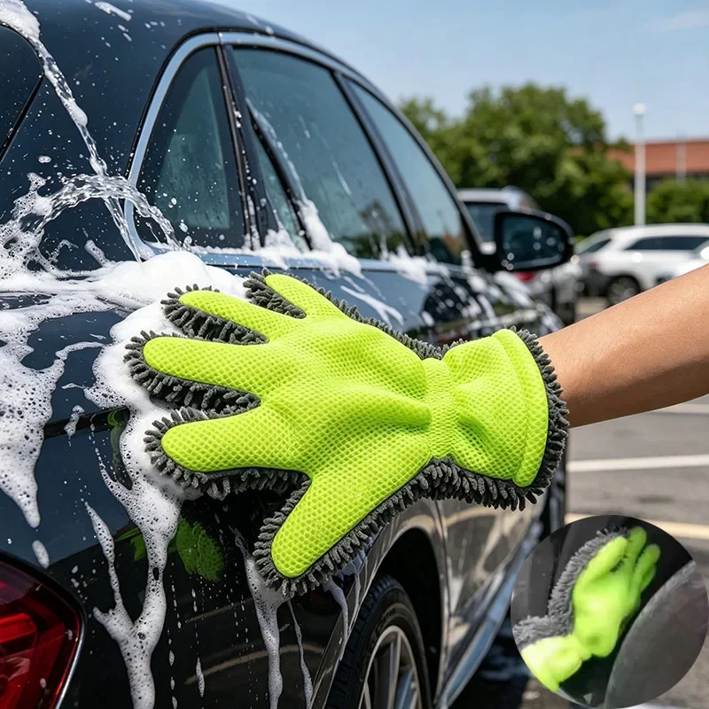5-Finger Chenille Car Wash Mitt Super Absorbent Scratch-Free Microfiber Sandwich Weave Glove Auto Detailing Household Cleaning