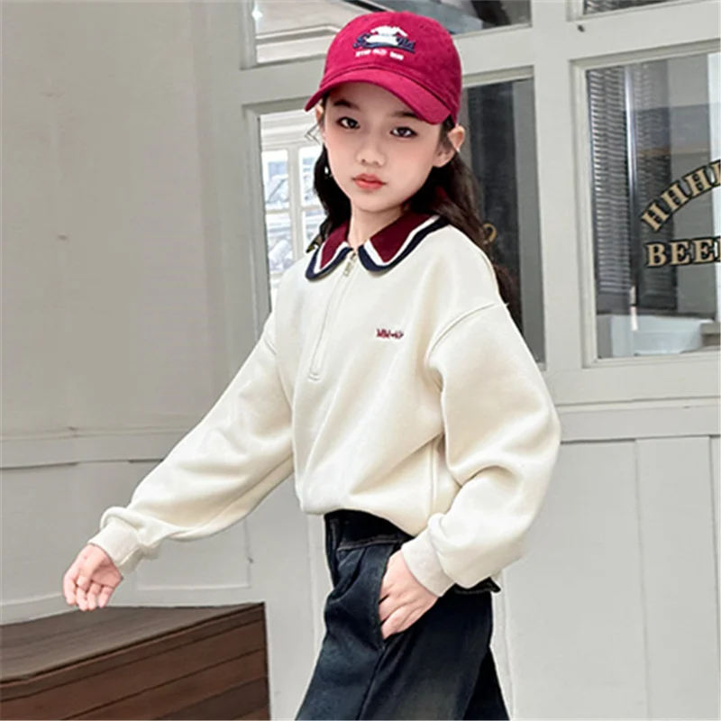 New Fashion Child Polo Sweatshirt with Zipper For Girls Long Sleeve Turn Down Collar T-shirt Kids Spring Autumn Cotton Outerwear