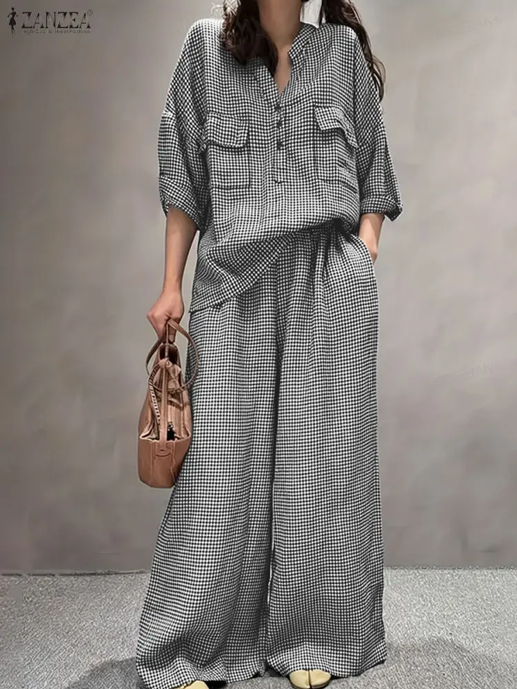 Damen-Hosen-Sets ZANZEA, modische Sommer-2-teilige Sets, karierte Outfits, lässige halbe Ärmel, Bluse, weites Bein, Hose, Straßen-Trainingsanzug