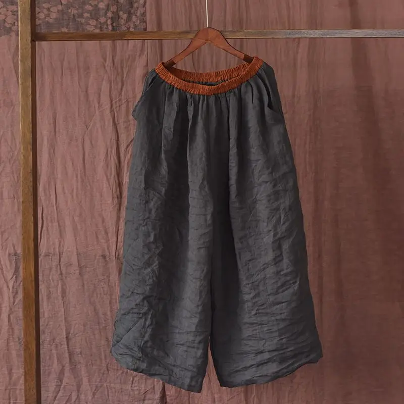 Wide-leg Pants Contrasting Elastic Waist Versatile Cotton and Linen Casual Pants Retro Loose Simple Nine-point Pants