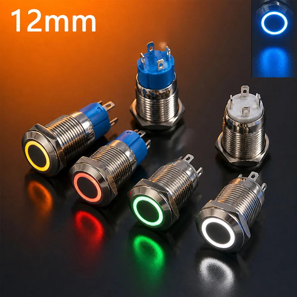 12mm Latching Push Button Switch 12v Start Stop LED Light Momentary Red Blue Green Yellow White 3v 5v 6v 24v 220v High Flat Head