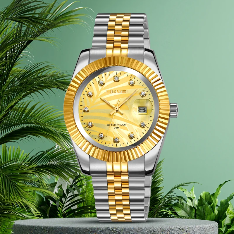 Men's Business Antique Wristwatch Diamond Green Textured Glass Two-tone Metal Strap Date Display Waterproof High-quality Simple