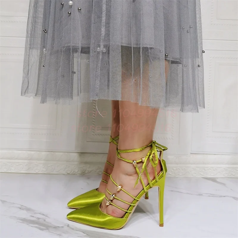Green Satin Lace-Up Hollow Thin Heels Women Pointed Toe Crystal Slingback Sandals Lady Sexy Fashion Evening Party Dress Shoes