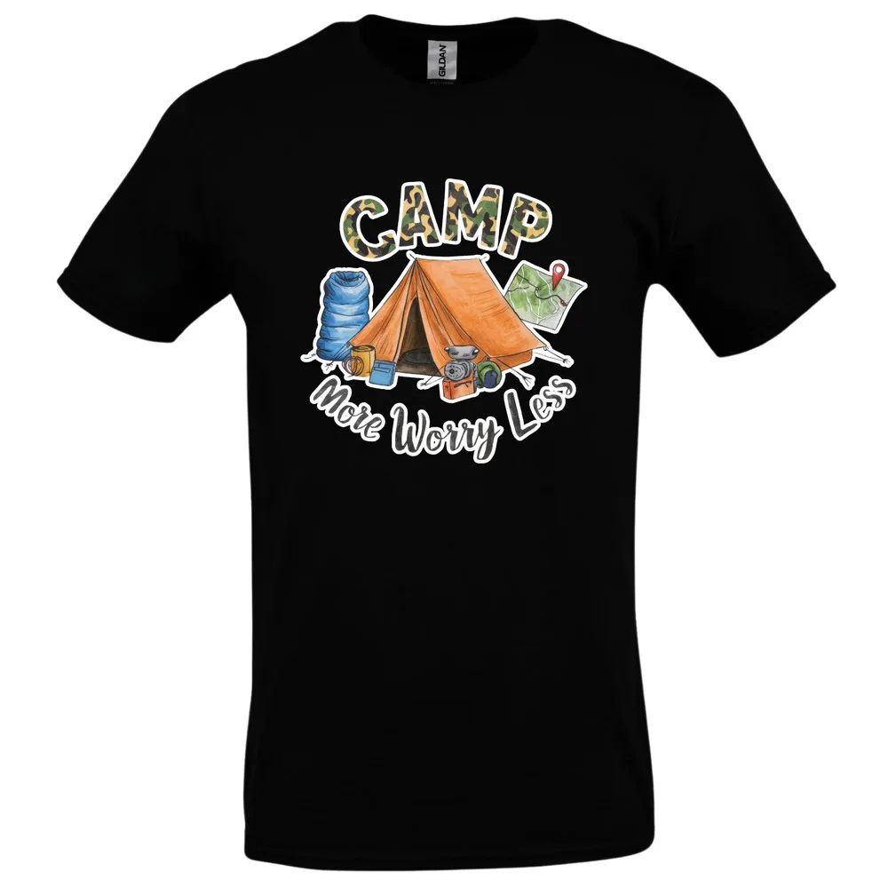 Camping t-shirt mens size S,M,L,XL camp more worry less camo campsite adventureAnime Pattern Pure Cotton