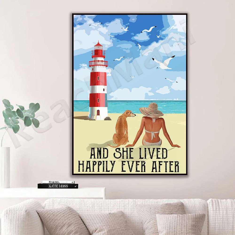 Dog and beach poster, she lived happily ever after poster, lighthouse poster, ocean, love dogs retro poster, gift for dog lovers