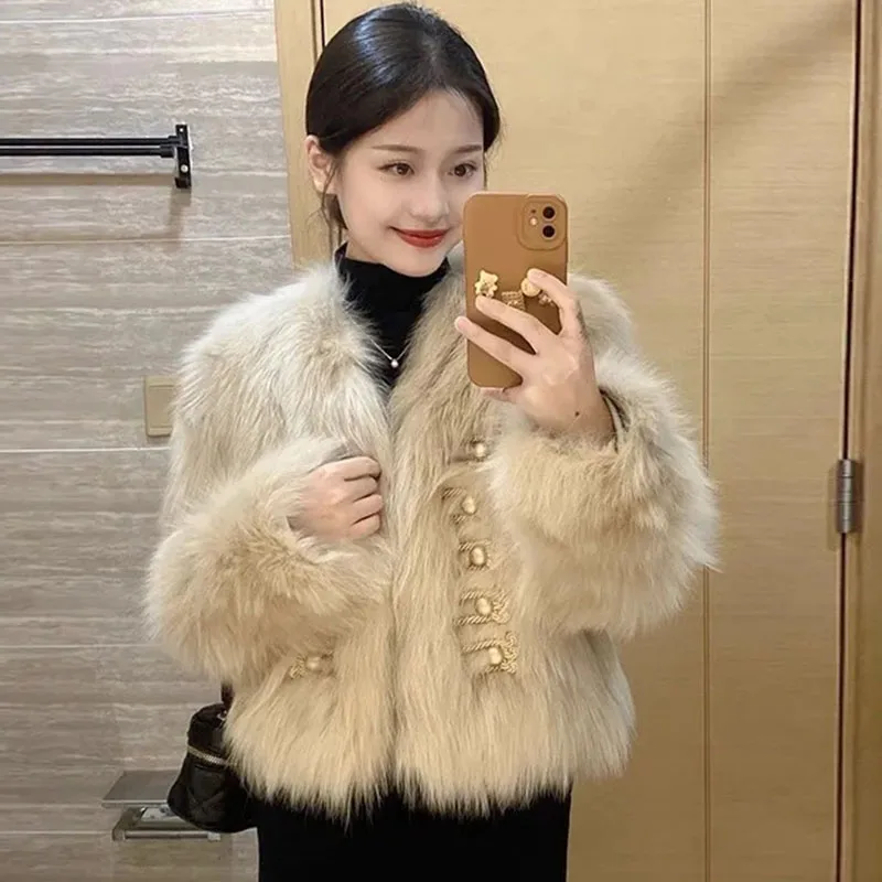 سترة نسائية بأكمام طويلة من الفرو الصناعي لعام 2025 للخريف والشتاء معطف نسائي جديد غير رسمي من الفرو السميك ملابس علوية كورية عصرية من القطيفة ملابس خارجية #3