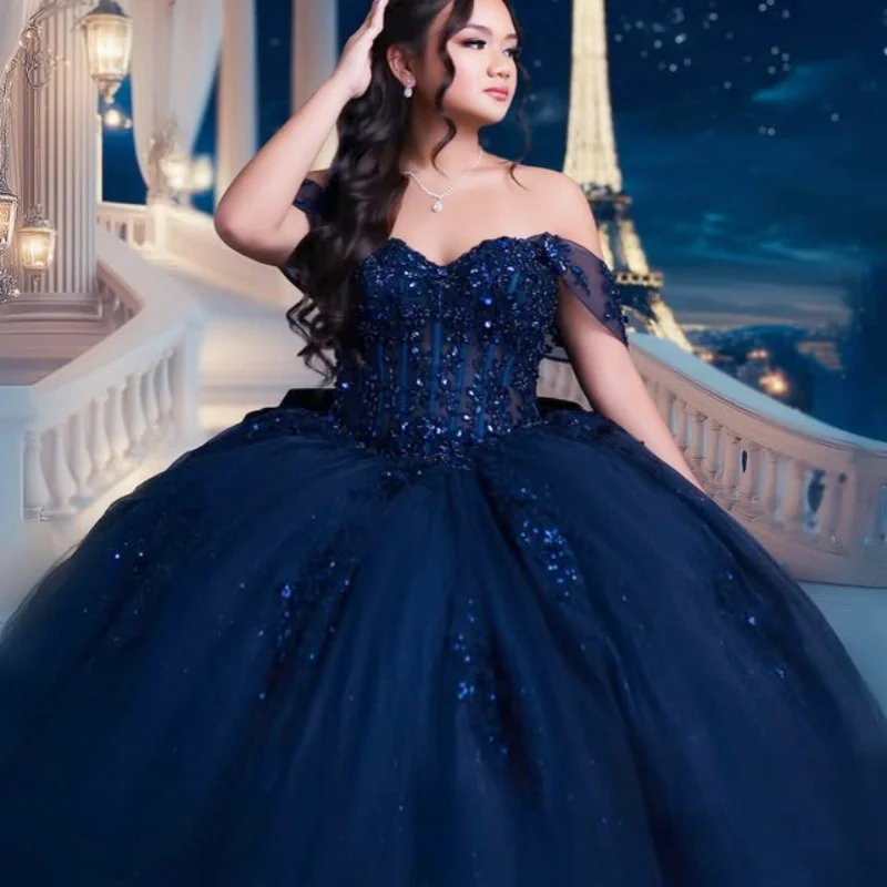 

Shiny dark blue Quinceanera Dress off-shoulder crystal Lace glitter decal Bow Long tail vestidos de 15 Quinceanera ﻿Customize