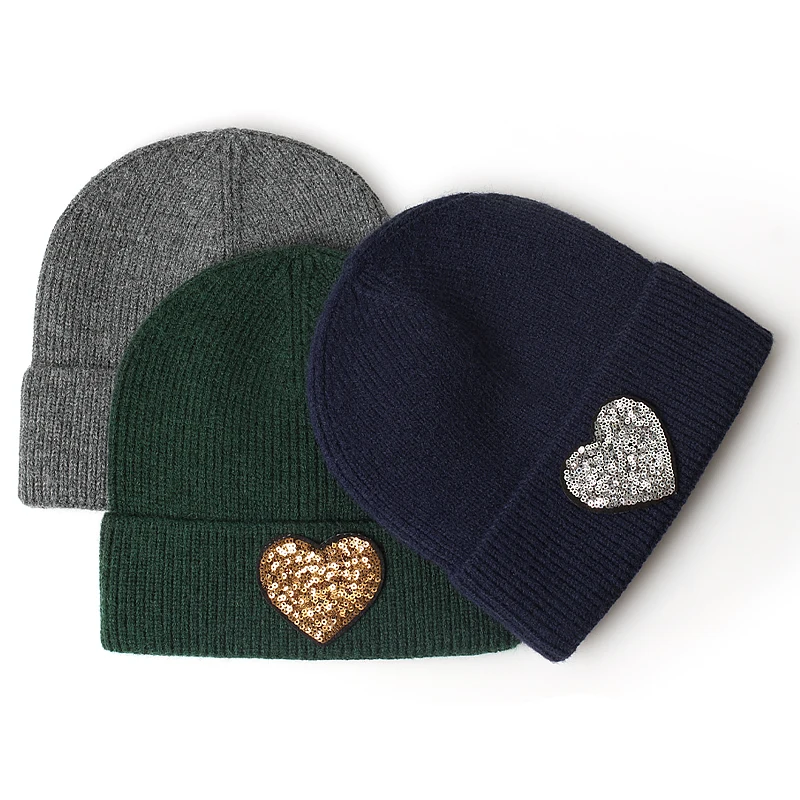 Women Retro Sequin Hearts Beanies Hat Trendy Unisex Ladies Autumn Winter Warm Hats Hip-hop Striped Beanie Chapeu Feminino Cap