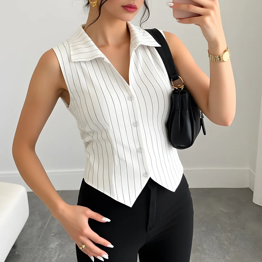 

Shirts Spring Summer Simple Chic Stripes Single Breasted Sleeveless Shirt Collar Office Lady Shirts For Women