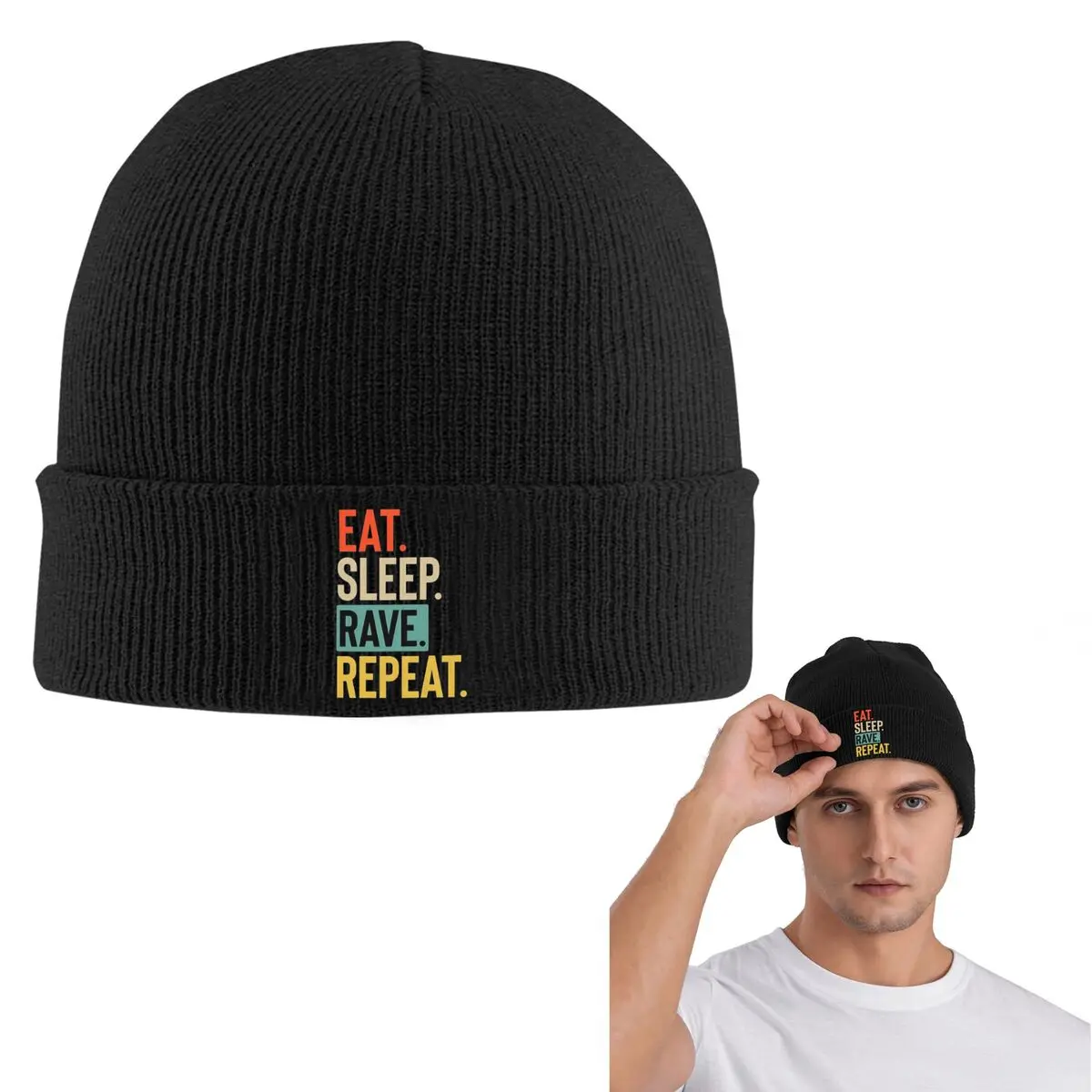 

Теплая вязаная шапка Eat Sleep Rave, модная шапка-капот, осенне-зимняя уличная шапка-бини для мужчин, женщин и взрослых