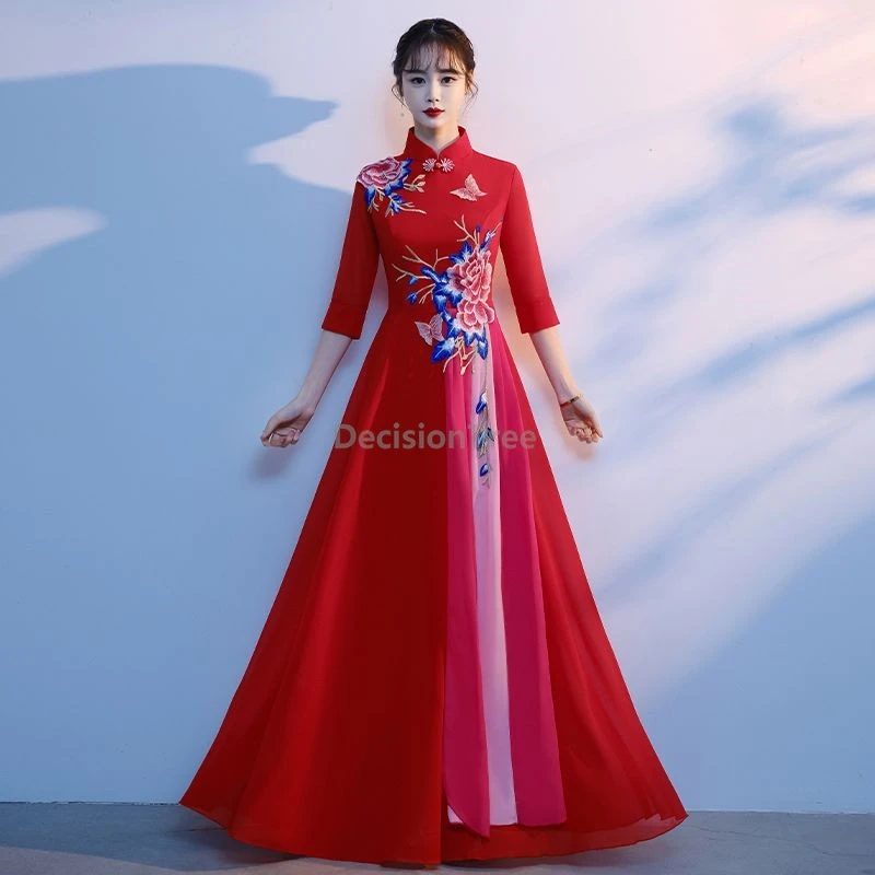 

2025 винтажное китайское улучшенное платье Ципао с вышивкой, модное шоу-выступление Ципао, элитное вечернее платье Ципао