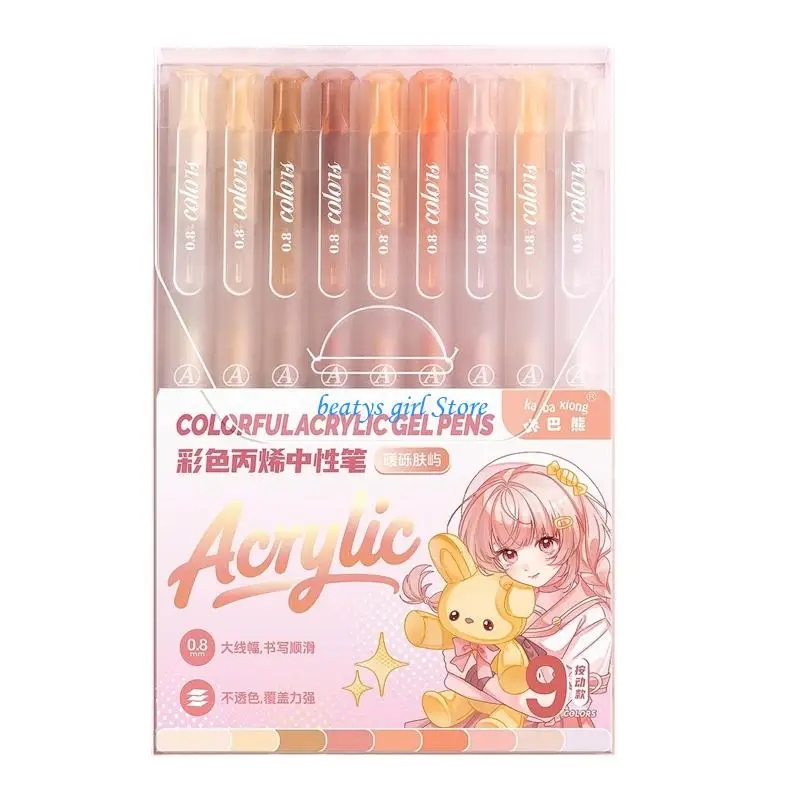 C7AB 9Pcs Colorful Retractable Gel Pen 0.8mm Needle Tip Multicolored Acrylic Gel Pen
