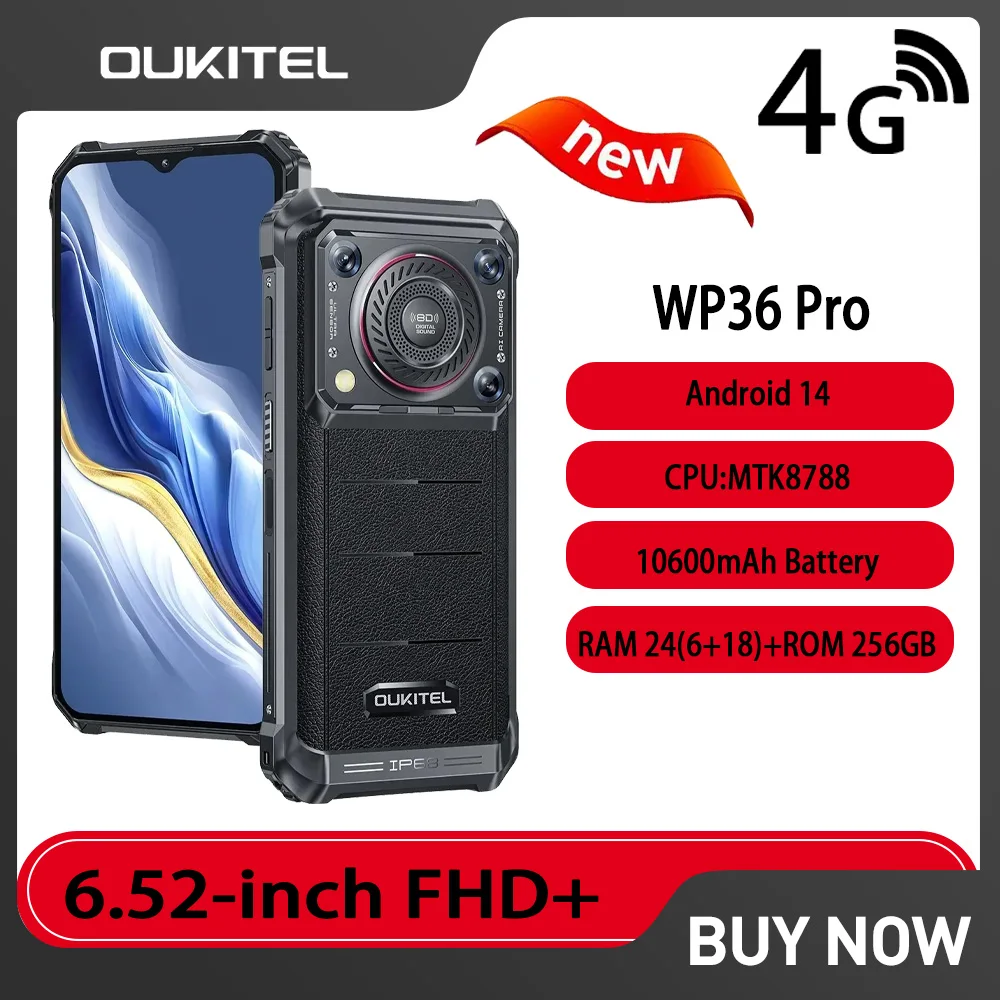 Oukitel WP36 Pro Robustes Telefon 6,52 Zoll HD 60 Hz 6 GB RAM + 256 GB ROM MTK8788 10600 mAh Mobiltelefon Android 13 13 MP Kamera Handy NFC