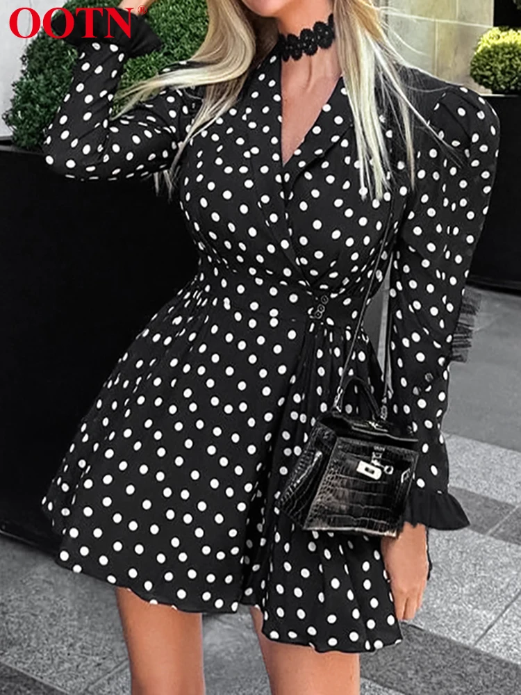 OOTN Polka Dot Dresses Women Casual Long Sleeve V Neck Slim Print Dress Female Elegant Office 2024 Autumn Fashion Party Chic