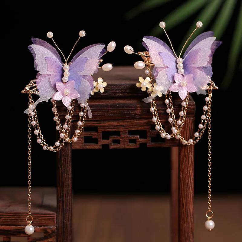 Butterfly Tassel Hair Clips Set Vintage Pearl Rhinestone Elegant Traditional 4Pcs Tassel Butterfly Hair Clips - Fabric Butterfly Hairpin  main image 3