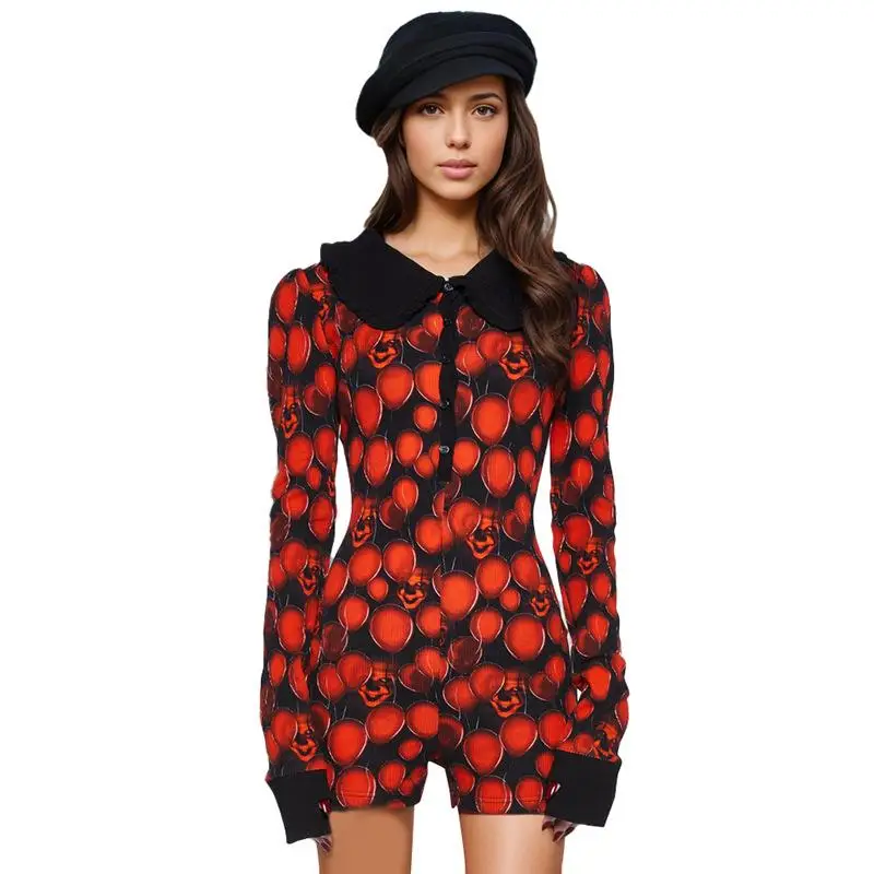 بدلة جوست للهالوين بتصميم وجه بالون، طقم بنطلون بخصر عالٍ من قماش الليكرا الرقيق، بدلة نسائية قطعة واحدة/ملابس شاملة