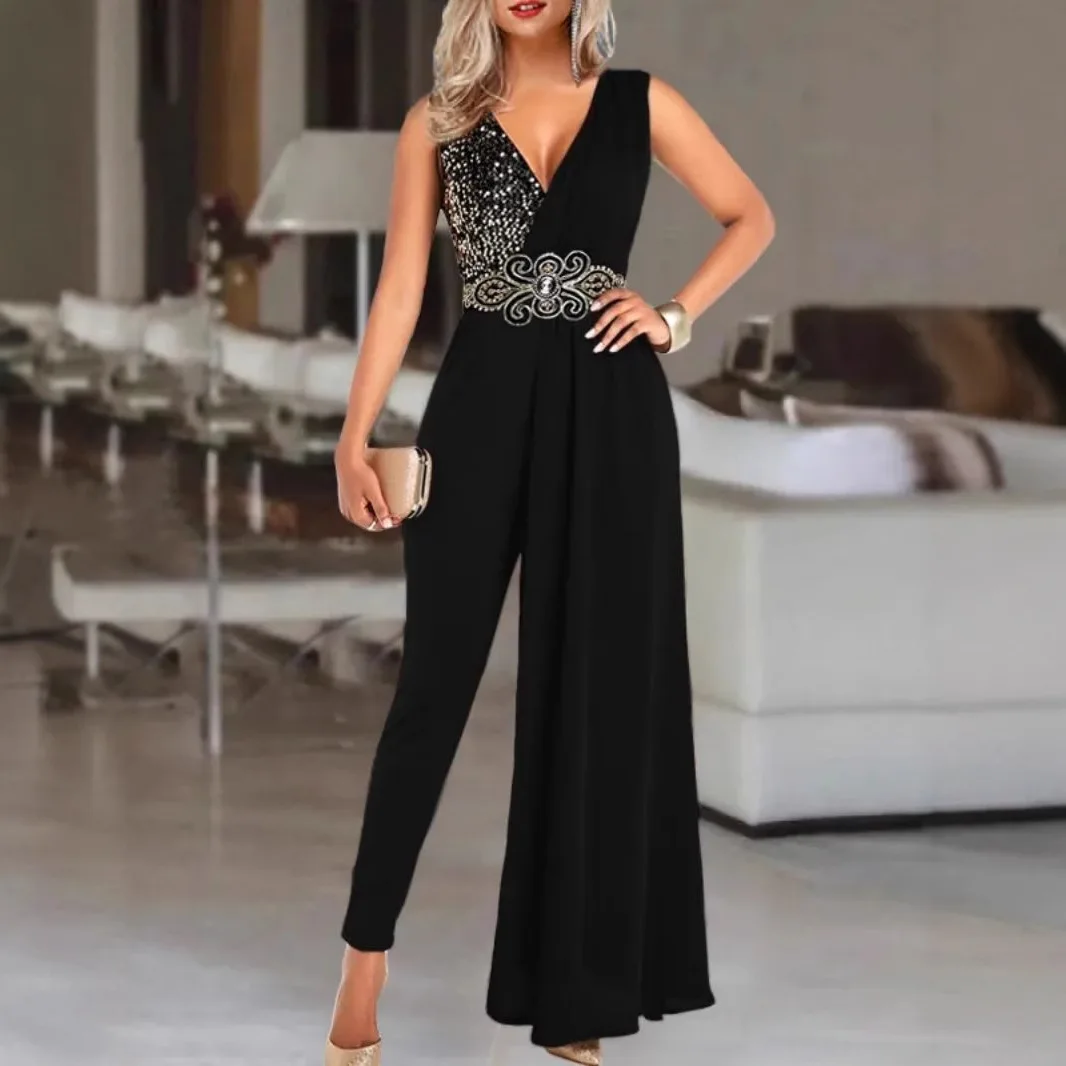 

2025 Spring/Summer New Women's Perspective Long Sleeve Lace Batch Waist Fake Two Piece Jumpsuit