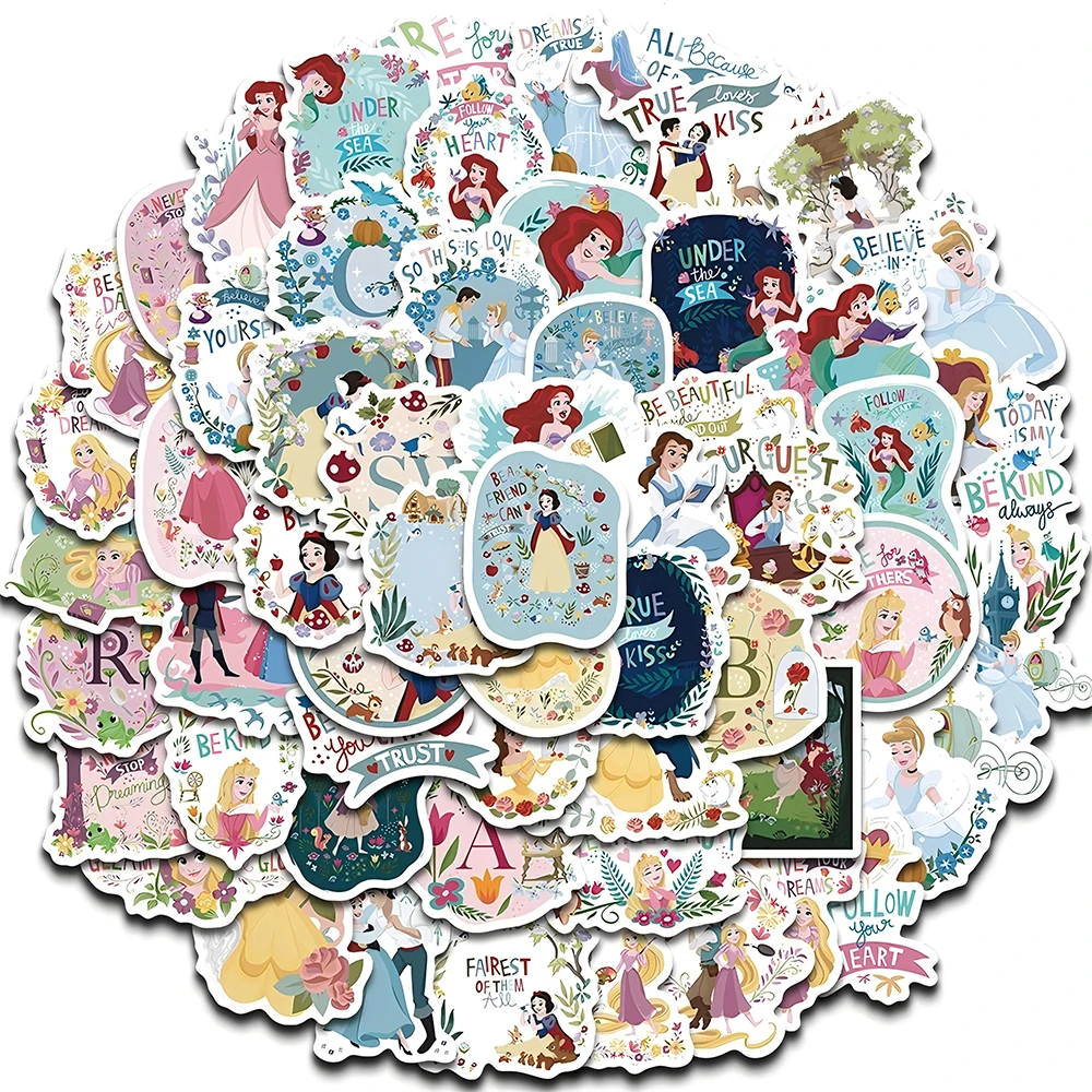 60pcs Kawaii Disney Princess Cartoon Stickers Aesthetic Cute Snow White Belle Decals Waterproof DIY Diary Laptop Stationery