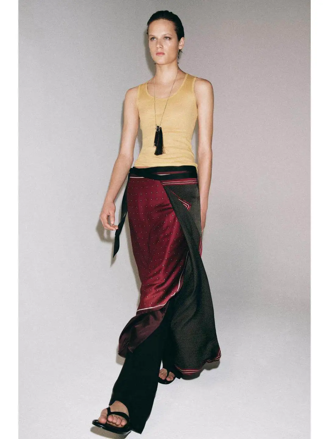  Knot Decoration Print Scarf Style Half-length Long Skirt Mid-waist PVC Fabric Irregular Hemline Ladies Skirt