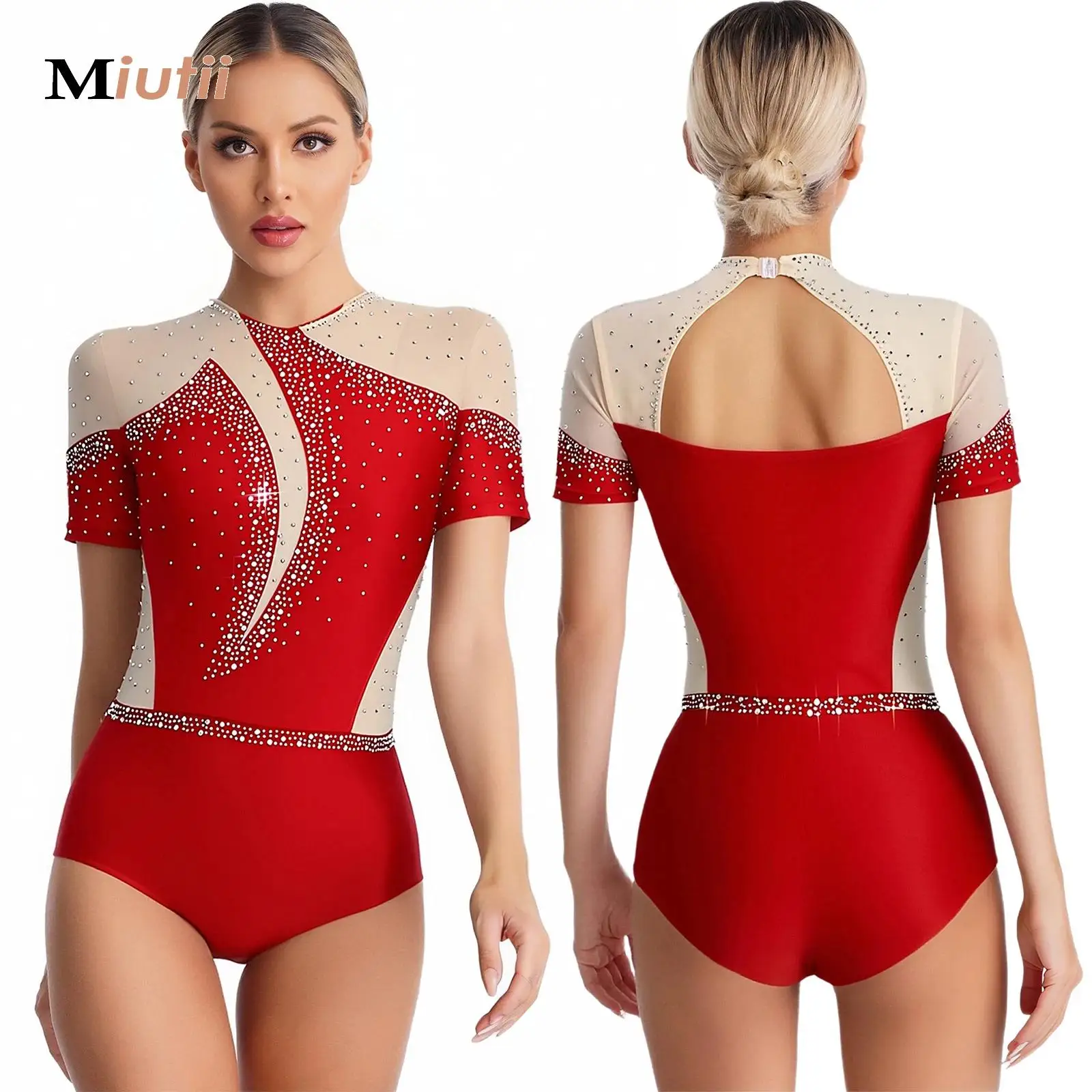 

Women Ballet Dance Gymnastics Figure Skating Long Sleeve Sheer Mesh Bodysuit Jumpsuit Leotard Competition Performance Costumes