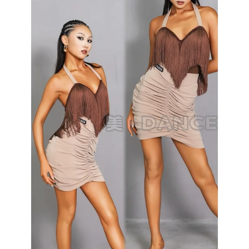 Customized Latin Dance Skirt Women's Adult Practice Dress Performance Dress Strap Tassel Top Folded Hip Wrapping Half Skirt Set