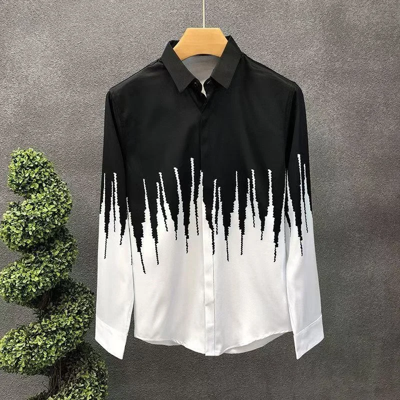 Men's versatile hot diamond printing fashion long-sleeved color matching casual comfortable handsome stretch shirt autumn