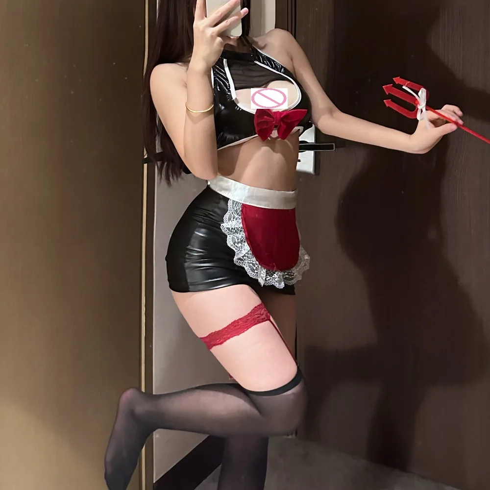 

Оптовая продажа, женская сексуальная униформа из двух предметов для ролевых игр, униформа горничной для взрослых, леди, костюмы для косплея на Хэллоуин, SM Fliter, ночное белье из искусственной кожи