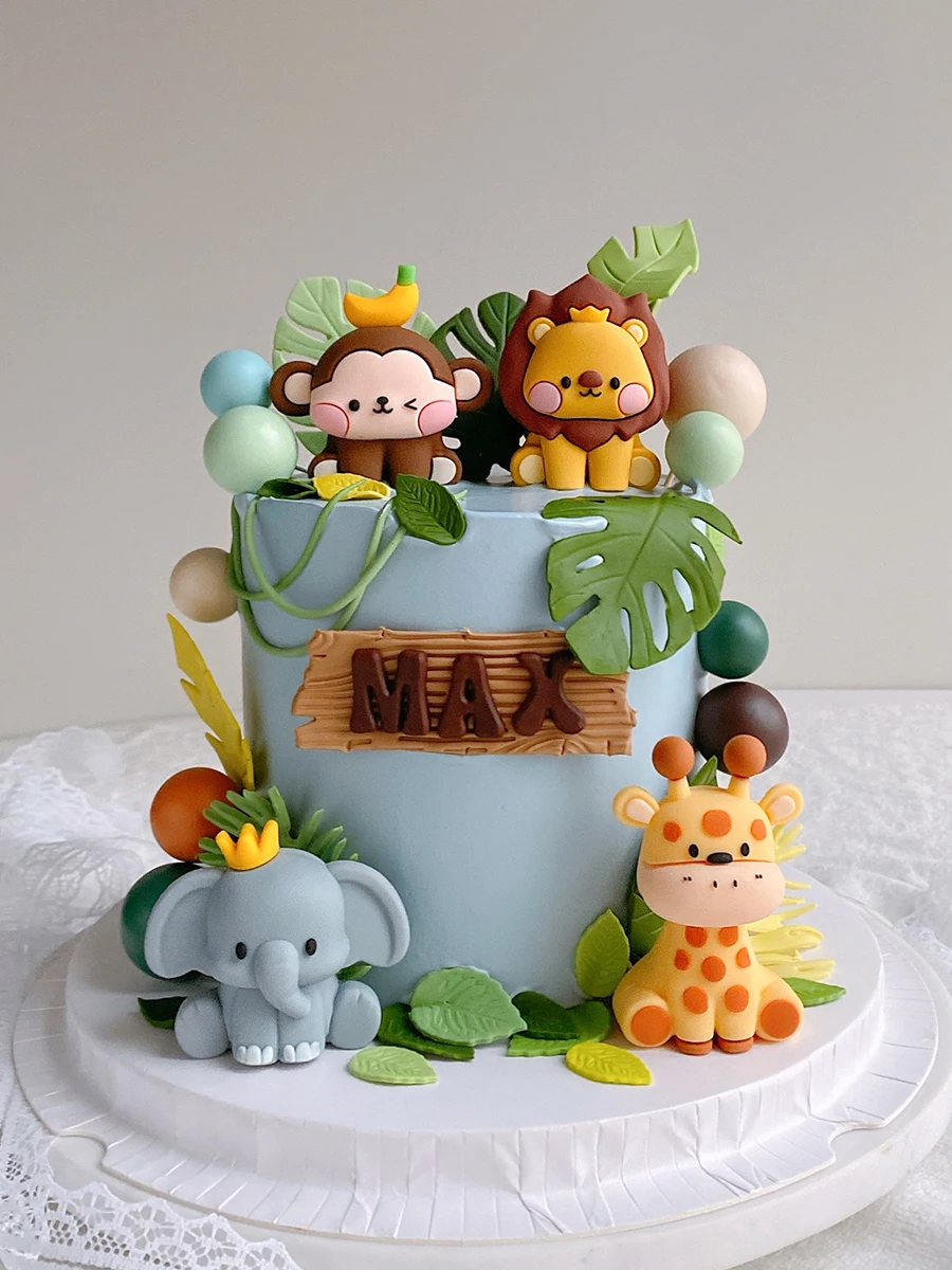 New Forest Animal Cake Topper Tropical Jungle Safari Lion Elephant Giraffe Monkey Cake Decoration First Birthday Party Cute Gift