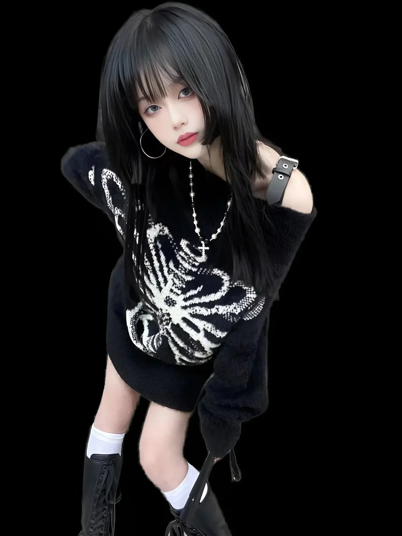 Goth crânio impressão harajuku camisola topos estéticos pulôver preto feminino harajuku moda streetwear topos 2000