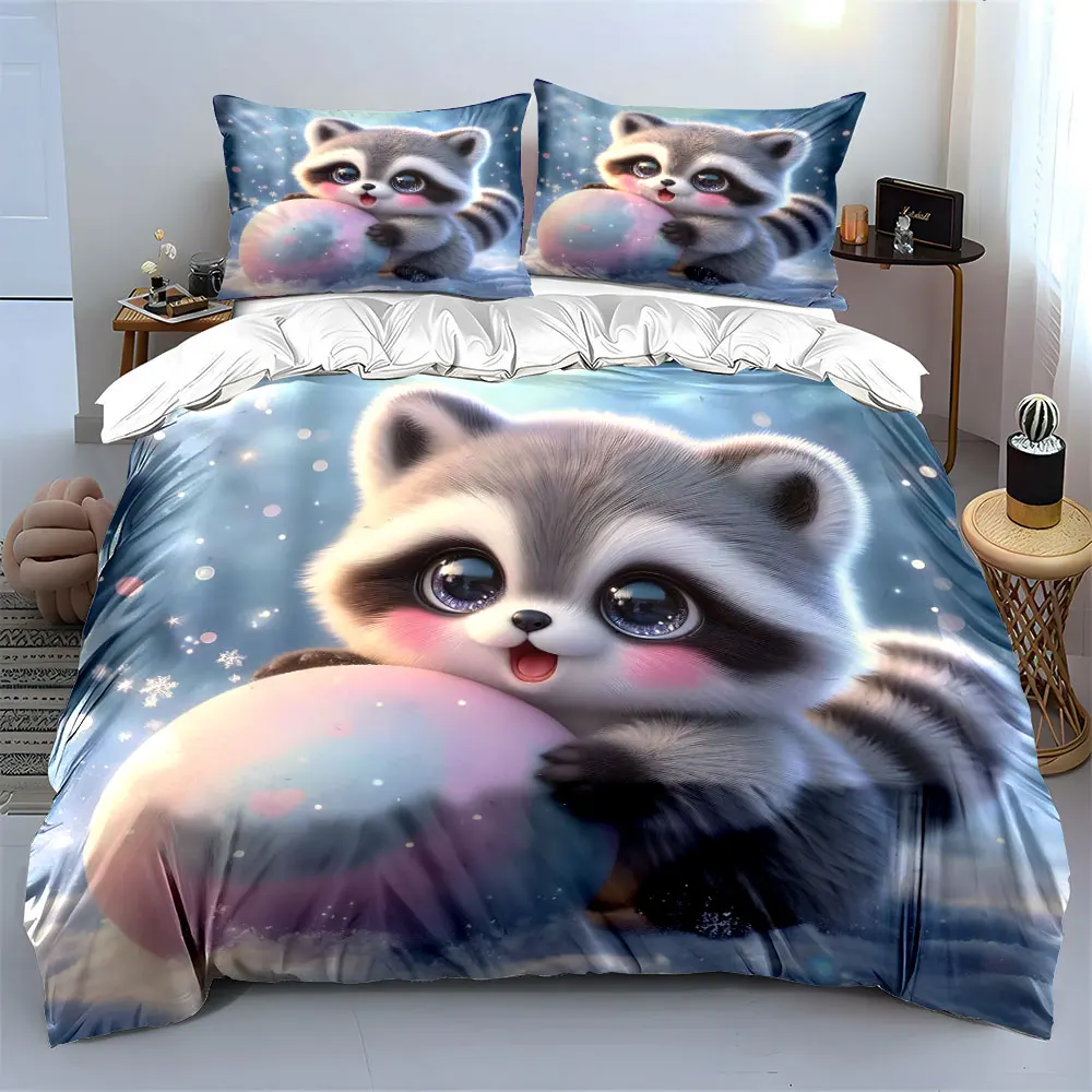 Adorable Raccoon playing with pastel ball Duvet Cover Set with 3D Printing Design Soft Polyester Bedding Set All-Season Comfort