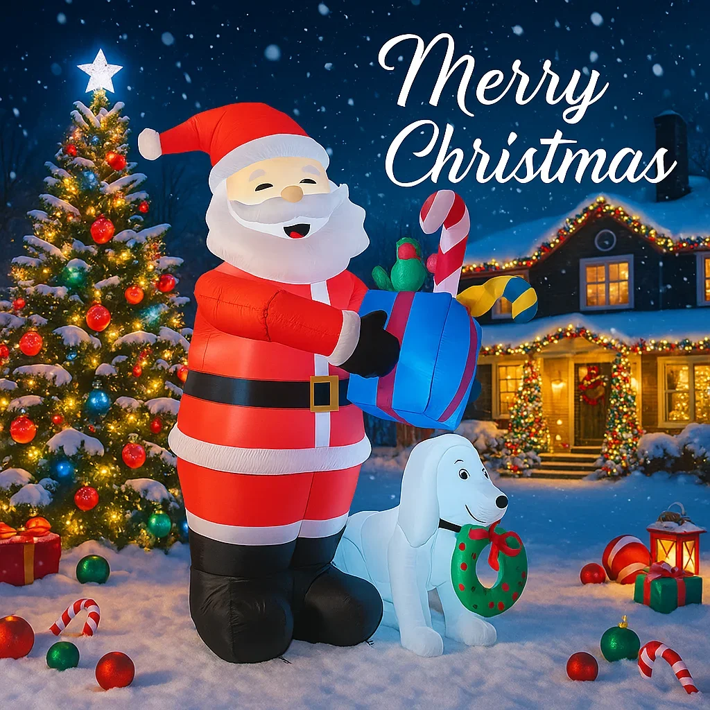 6.8FT Santa Claus Dog Inflatable Christmas Decoration Xmas Ornaments Lights Home Yard Holiday Party Outdoor Holiday Decor Toy