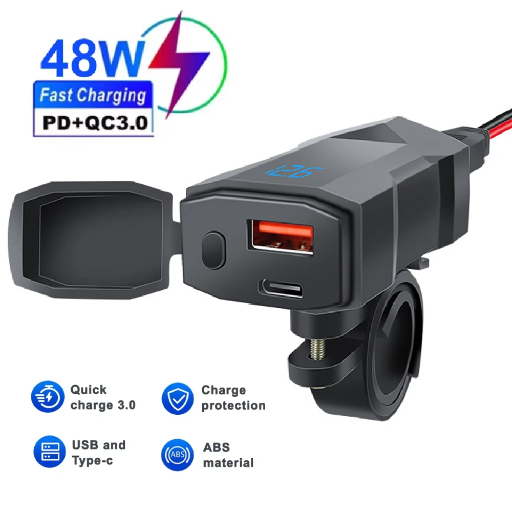 

Зарядное устройство USB для мотоцикла PD QC3.0 с двумя USB-портами, вольтметром и выключателем, водонепроницаемое, 12В, для быстрой зарядки телефона на руль