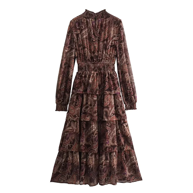 Vestido Maxi F Estilo Europeu Z de Chiffon Estampado com Manga Longa, Cintura Marcada e Camadas – Coleção Primave...