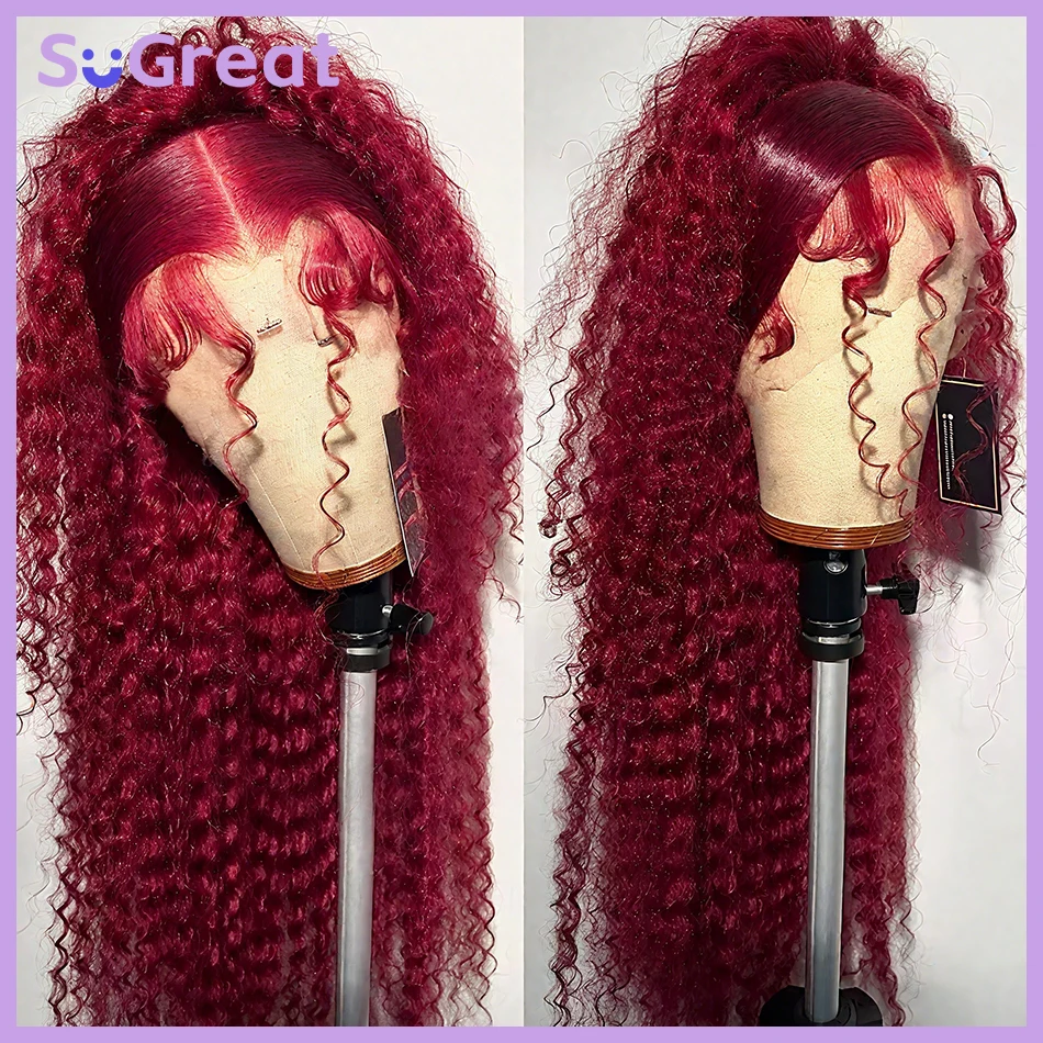

13x4 Deep Wave Frontal Wig Curly Human Hair Wig Burgundy Wig 99J HD Lace Frontal Wig 13x6 200 Density Pre Plucked for women sale