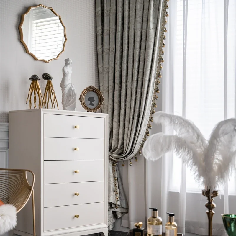 

Luxury Large Lattice Jacquard Lace Stitching Thickening Blackout Curtains for Living Room Bedroom Finished Product