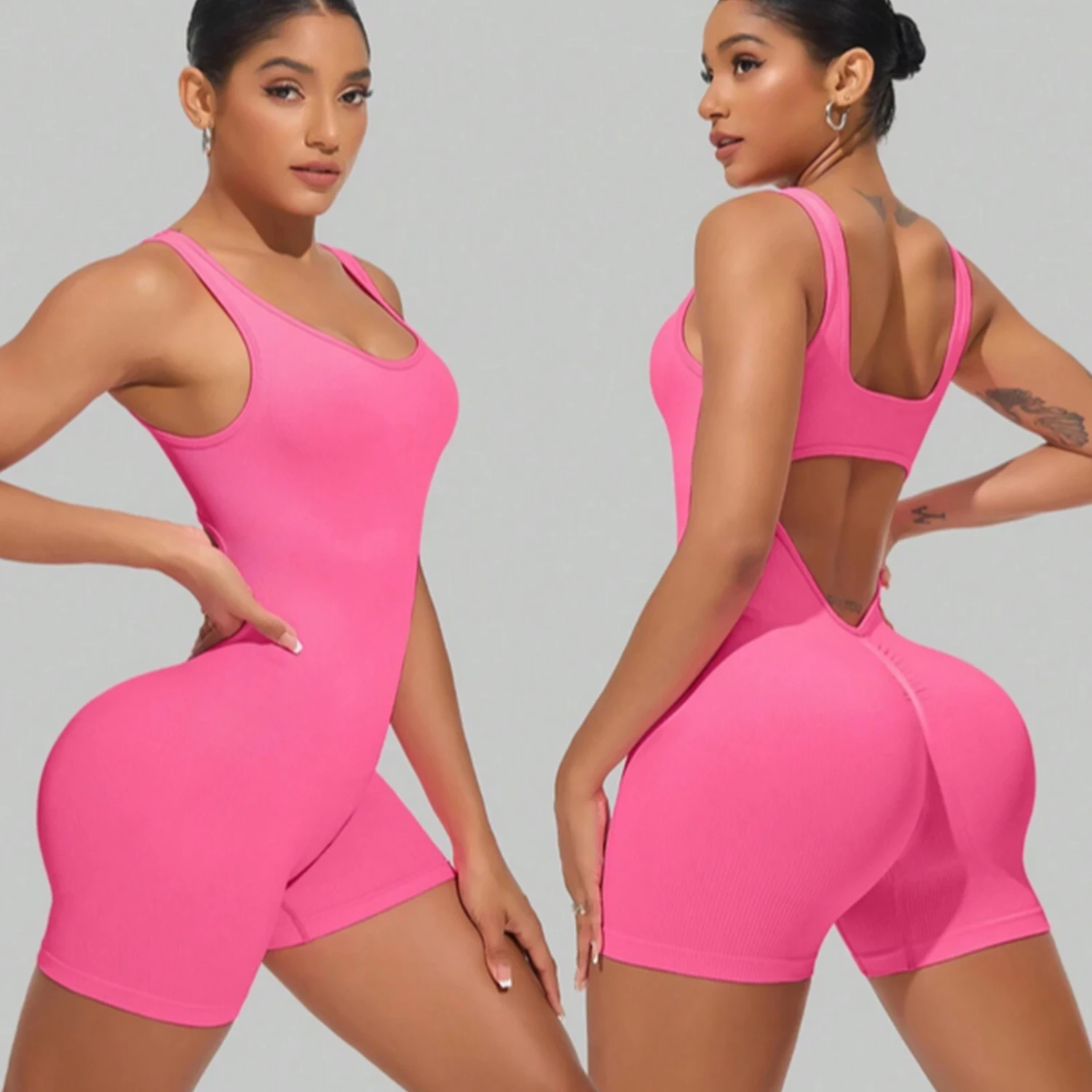 1PCS Sexy Backless Yoga Suit U Neck Sleeveless Sports Jumpsuit Solid Colour Threaded Stretch Women Bodysuit Without Bust Pads
