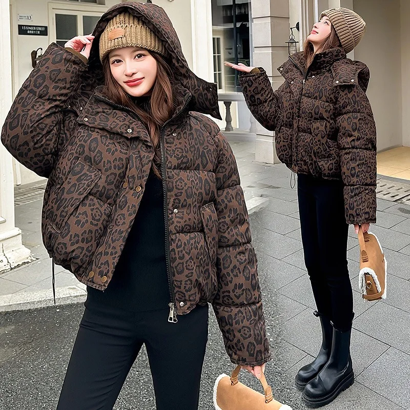 Thiened Leopard Print Cotton Jaet ort American Sle Autumn Winter New Hat Cotton Coat Women Small Size down Cotton Clo...