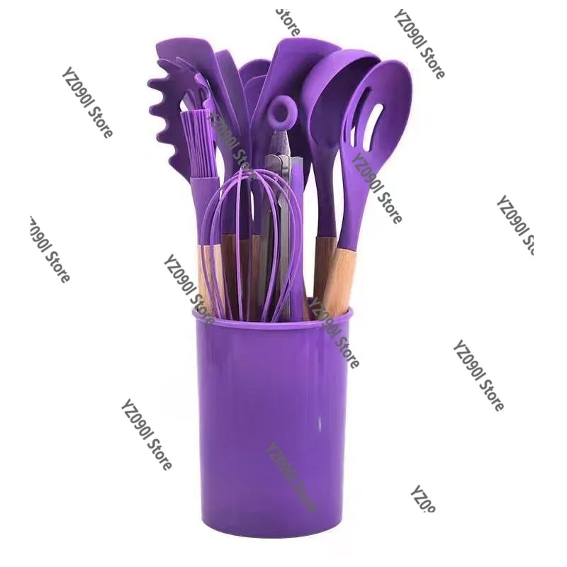 12Pcs Silicone Kitchen Utensils Set Wooden Handle Non-stick Cookware with Storage Bucket