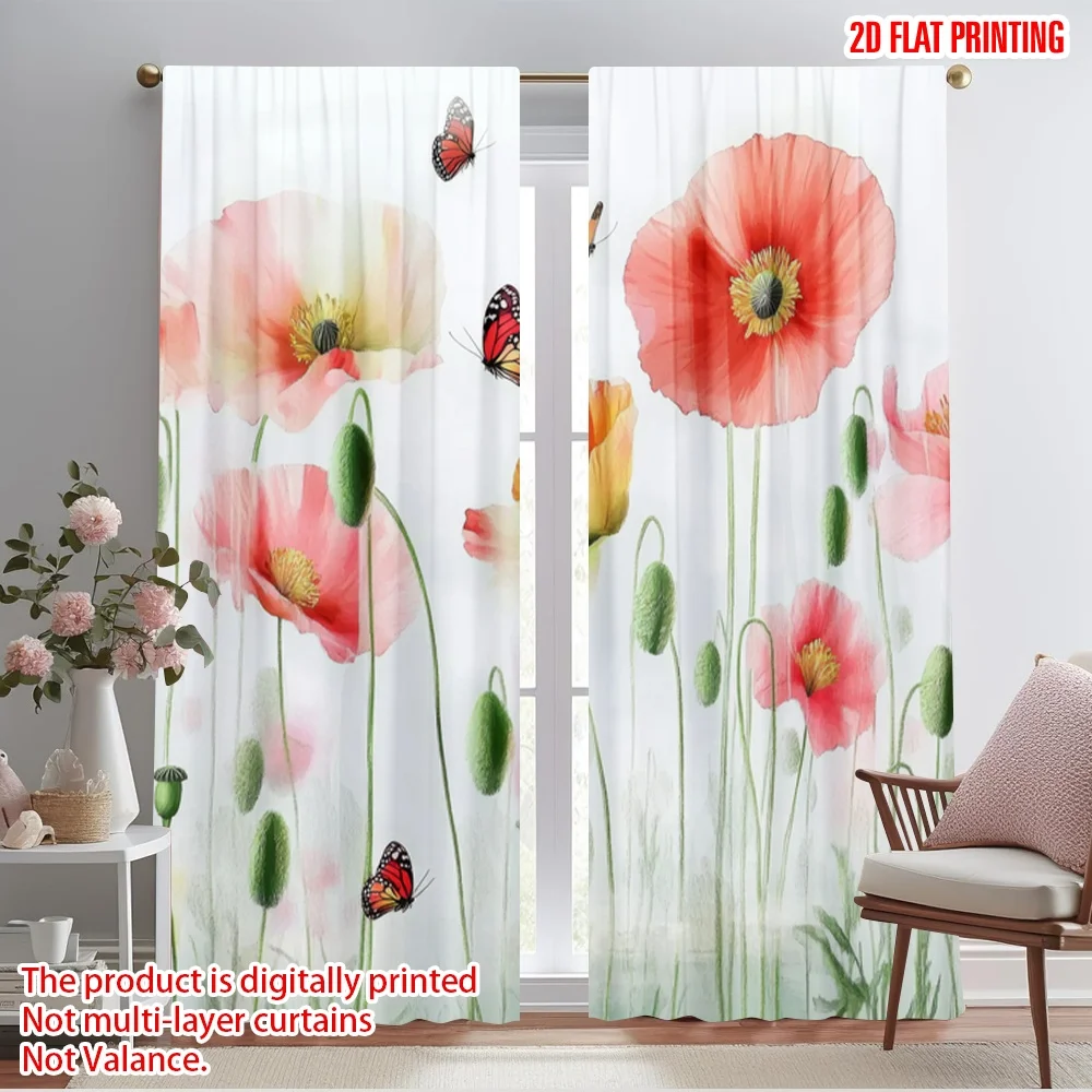 2pcs,2D plane printing Print Curtains Poppy Dance Versatile Polyester Fabric (without rod) Decorations Outdoor for Bedroom,