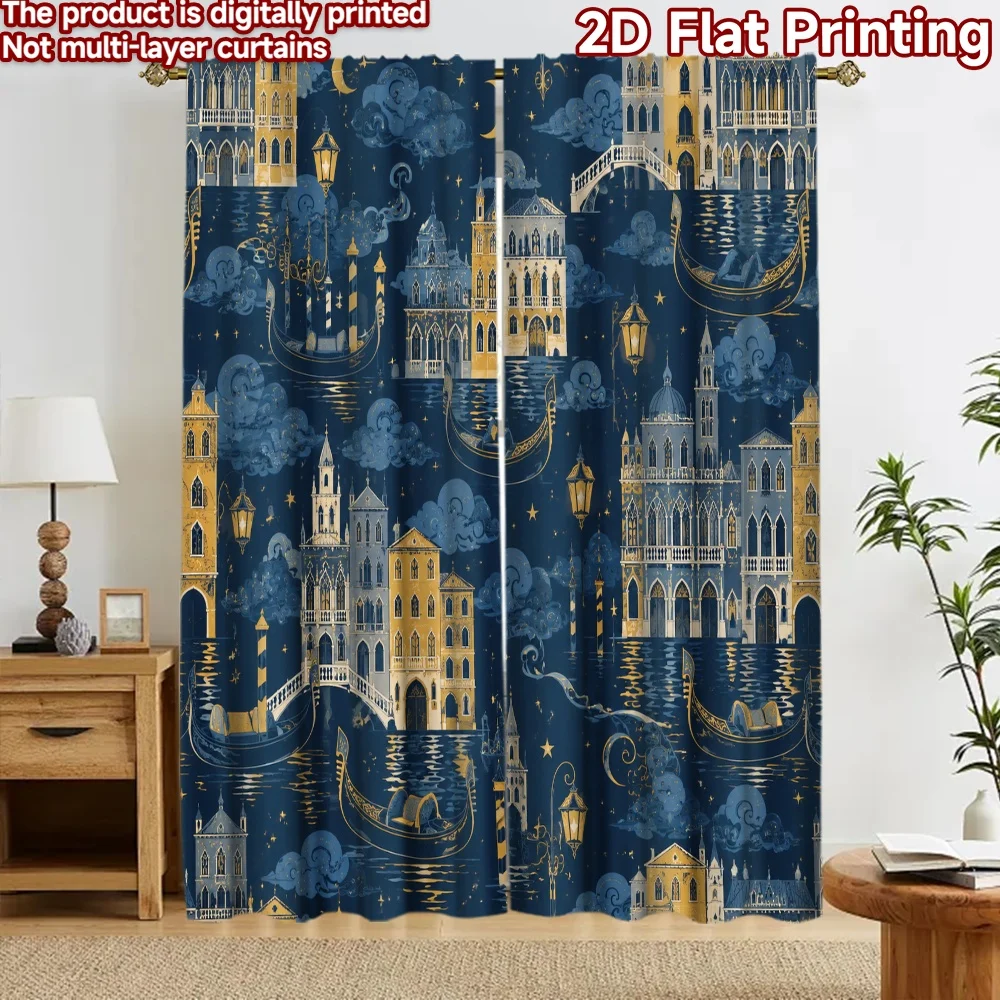 2D flat 2pcs Curtain Home Short Curtains Venice Moonlit Gondolas Digitally printed polyester, colorfast Family Party Decoration