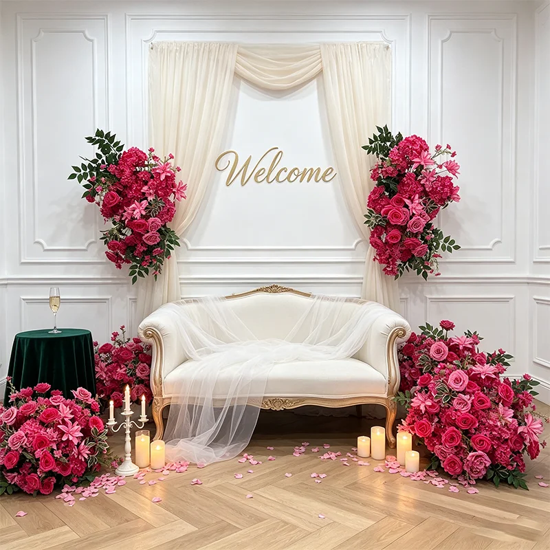 Knallrosa Blumenreihe Hortensie Pompom Rose 5D Hochzeits-Hintergrund Hängender Blumenbogen Bankett-Bodenblume Party-Requisite Schaufensterdekoration – Detail 5