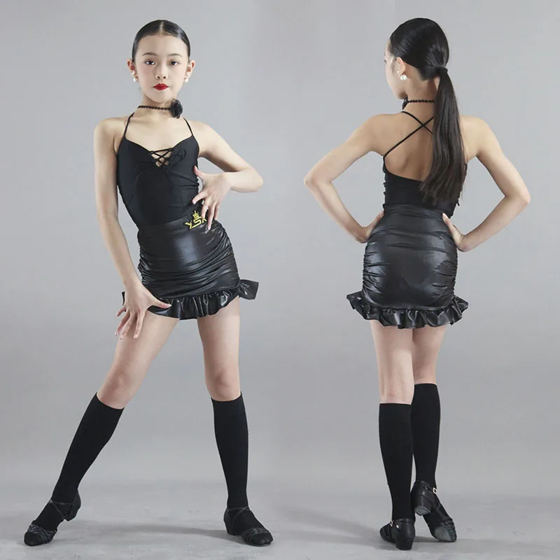 Vêtements de danse latine pour filles, costume de Performance Rumba Tango, robe d'entraînement pour enfants, noir, dos ouvert, jupe body, vêtements de danse latine 1950
