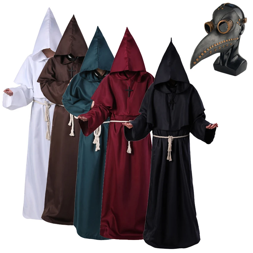 

Medieval Steampunk Monk Friar Robe Plague Doctor Gothic Grim Reaper Halloween Costume for Women Man Christian Cross Latex Mask