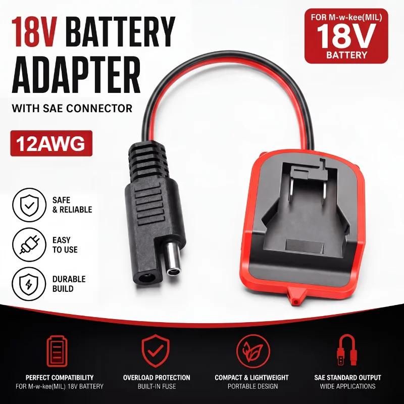 MIL 18V Lithium Battery To SAE Power Adapter 12AWG Cable with Independent on/Off Switch Power Take-off Converter for Outdoor