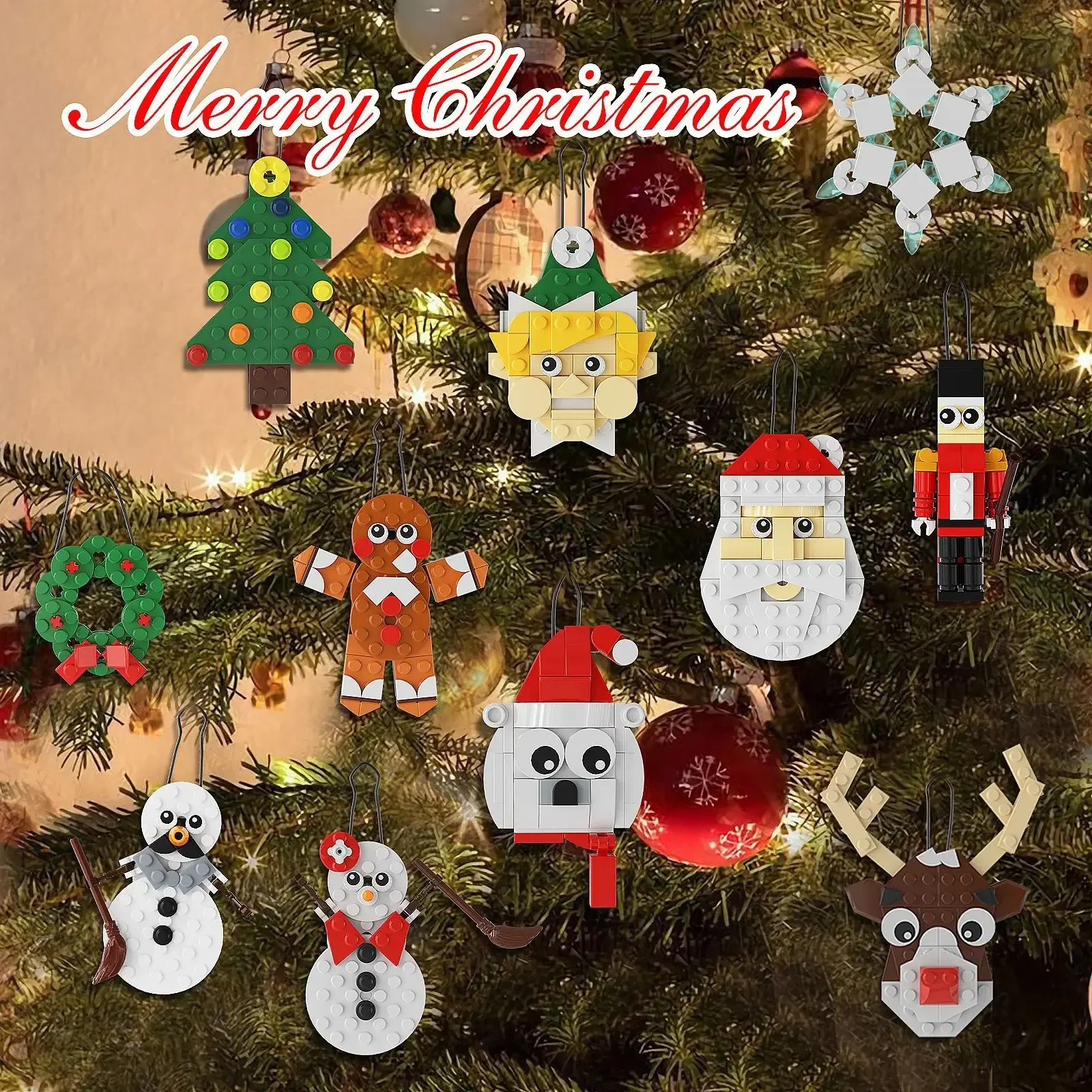 MOC Christmas Party Ornament Hanging Pendant Bricks Santa Claus Elk Snowman Building Blocks Set DIY Kids Puzzle Toy Xmas Gift