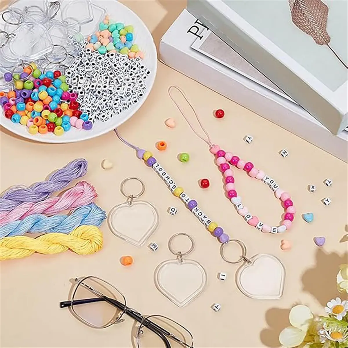 PHONE&GEAR 702-Piece DIY Keychain Making Kit - Craft Set Including Beads, Frames, and Cords