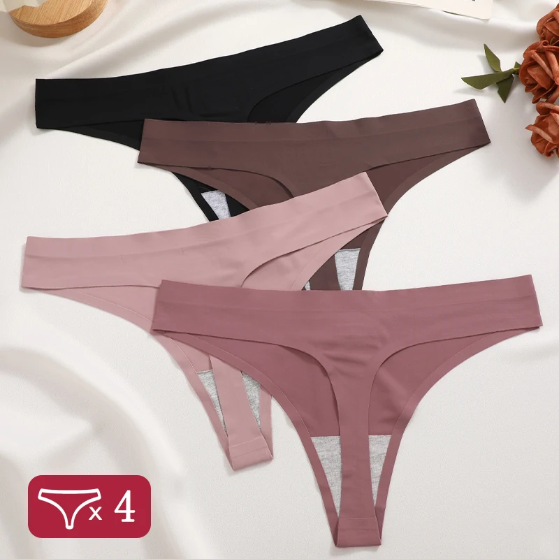 4-teiliges Set Einfarbige Nahtlose Tangas Damen Sexy Niedrige Taille Atmungsaktive Unterhosen S-XL Eisseide Sexy Intimwäsche Dessous