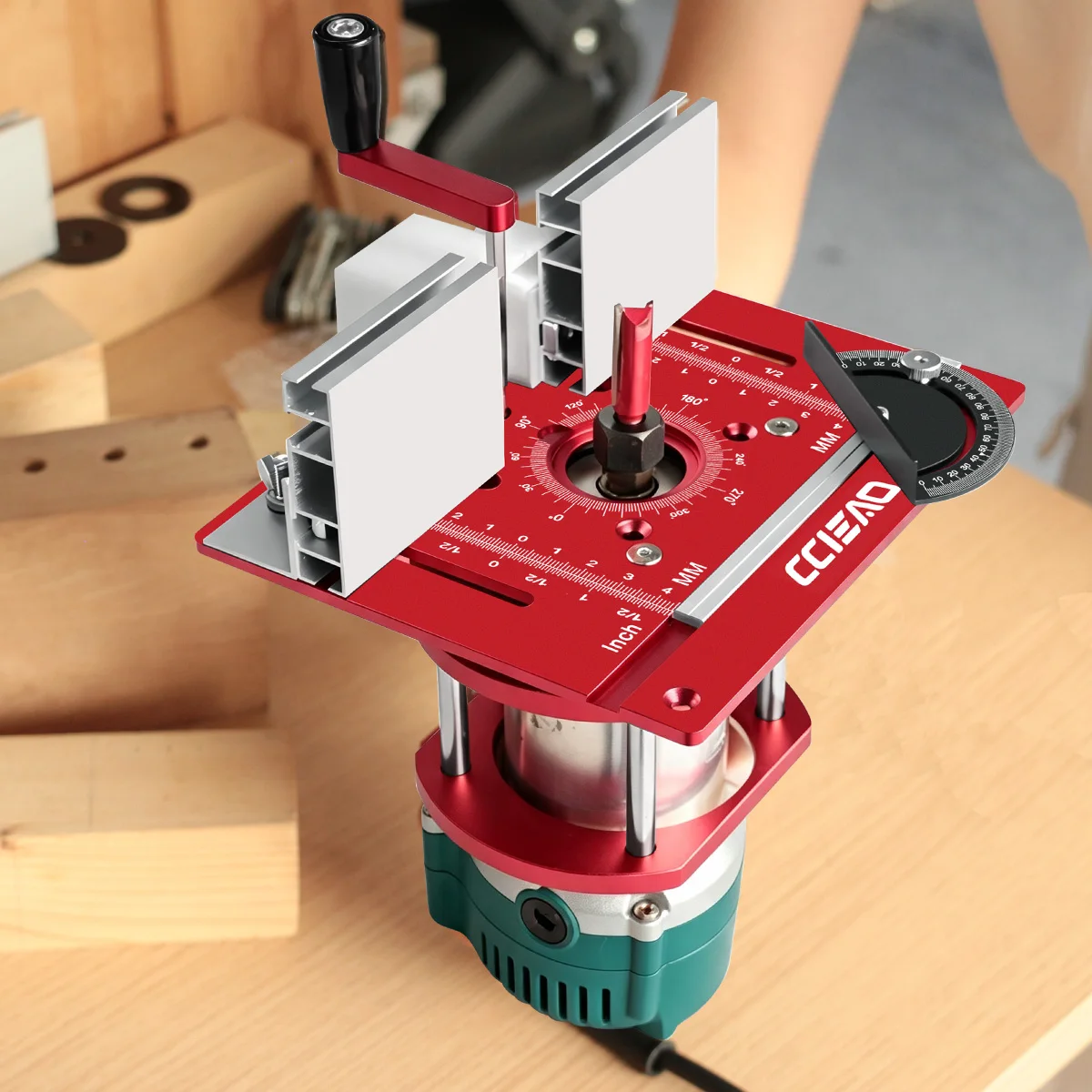 4‑Pcs Aluminum Router Table Insert Plate Set with Router Lift Base, Woodworking Flip Board Mounting Plate for DIY Carpentry