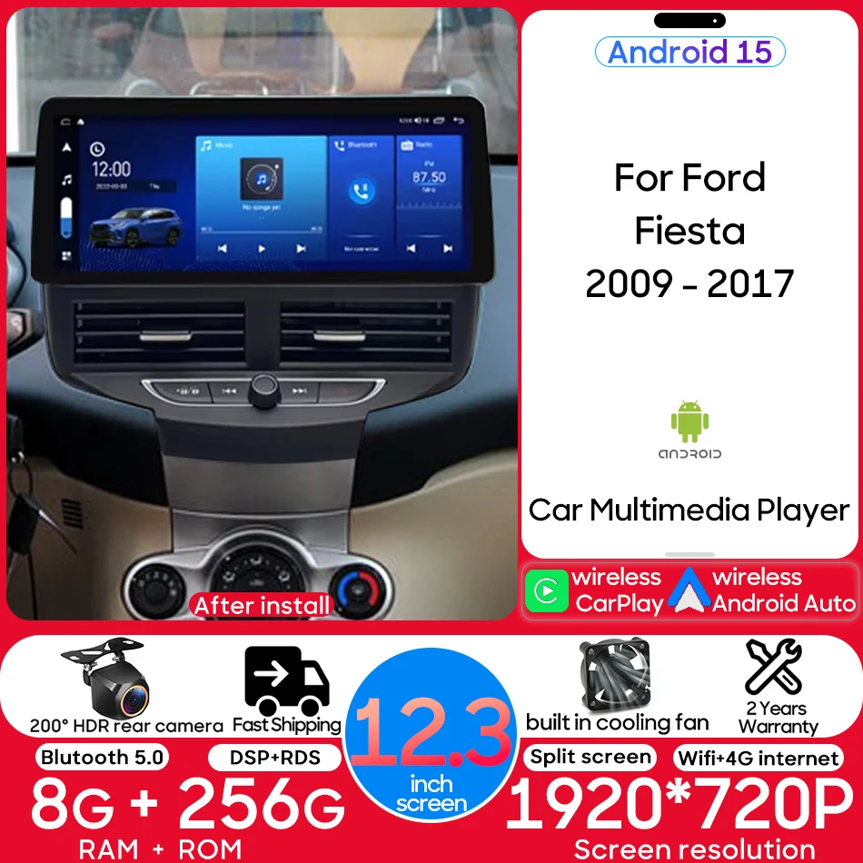 12.3 inch Android 15 For Ford Fiesta 2009 - 2017 Car Radio Video Multimedia Player Head Unit Stereo GPS CarPlay Auto 8+256G 2din